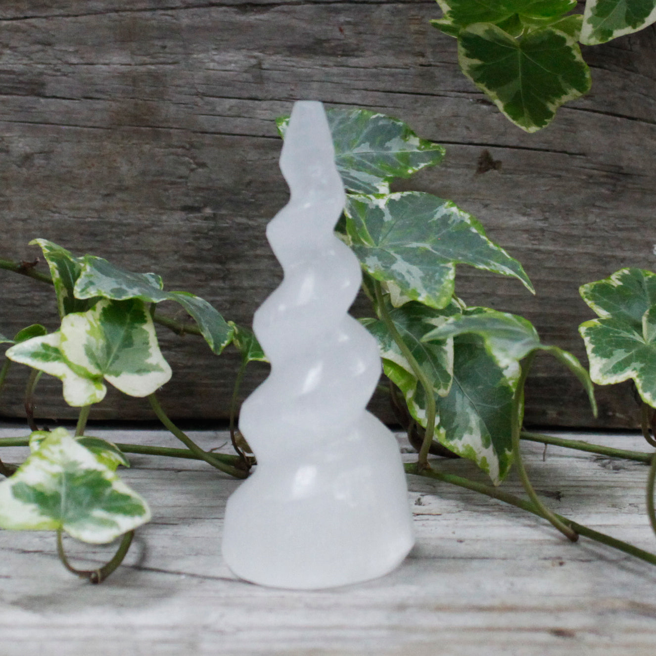 Selenite Spiral Unicorn Horn Tower - 10 cm