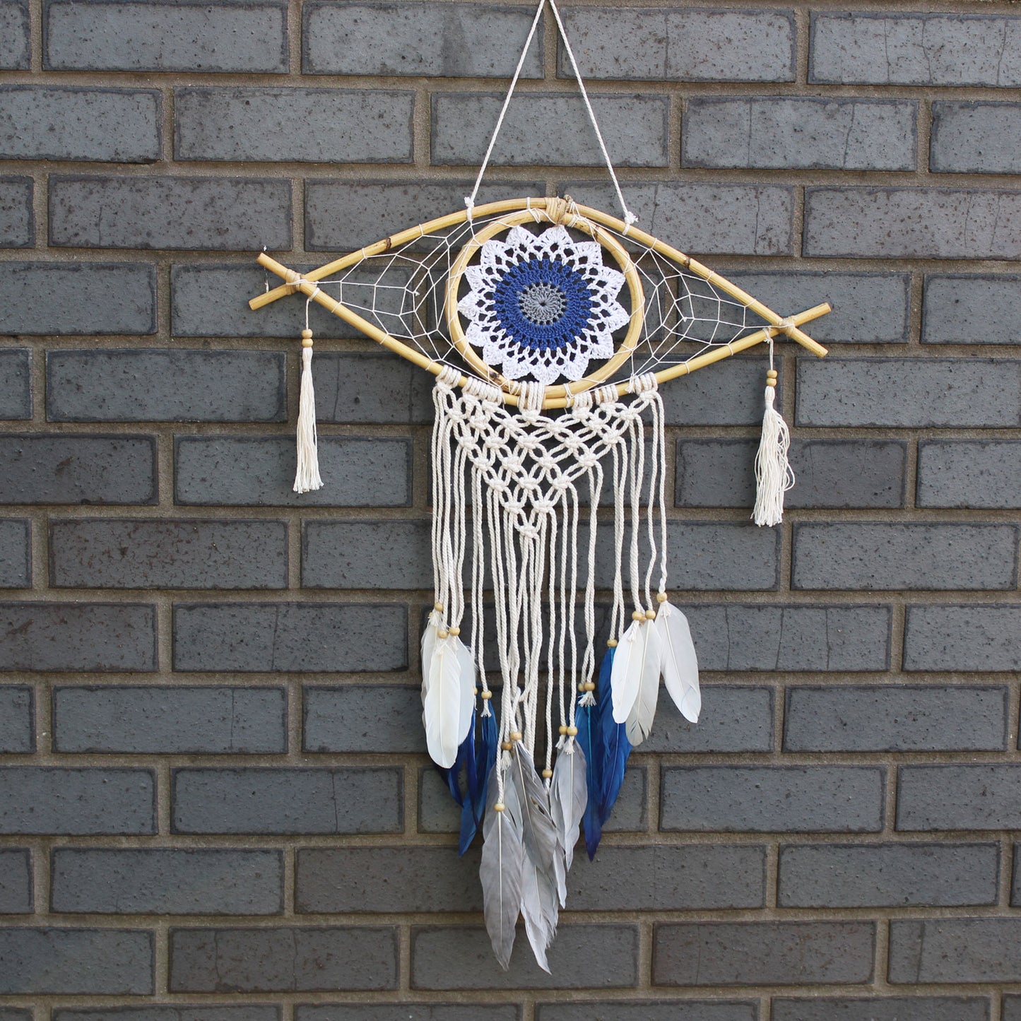 Protection Dream Catcher - Med Macrame Evil Eye White/ Blue/Grey