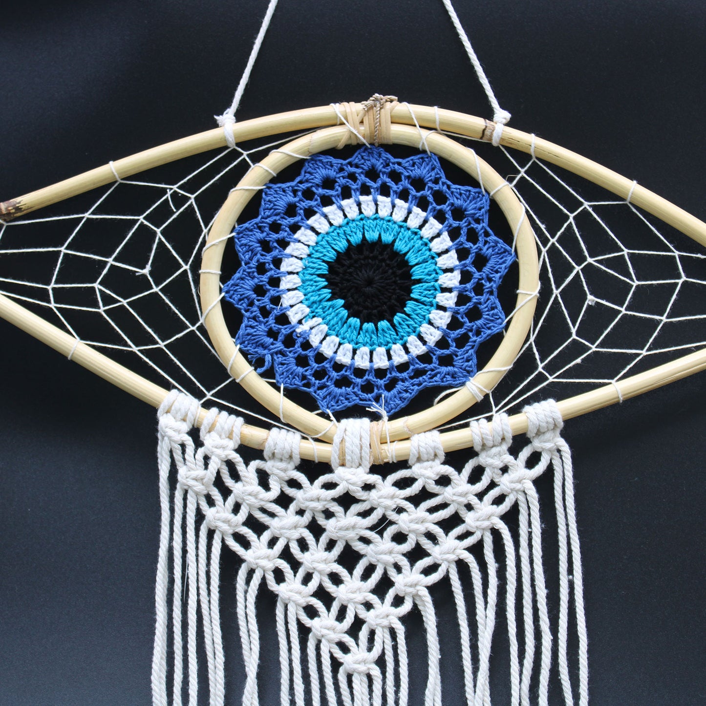 Protection Dream Catcher - Med Macrame Evil Eye Blue/White/Black