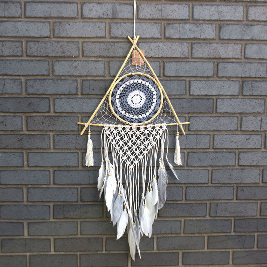 Protection Dream Catcher - Lrg Macrame Pyramid White/Grey