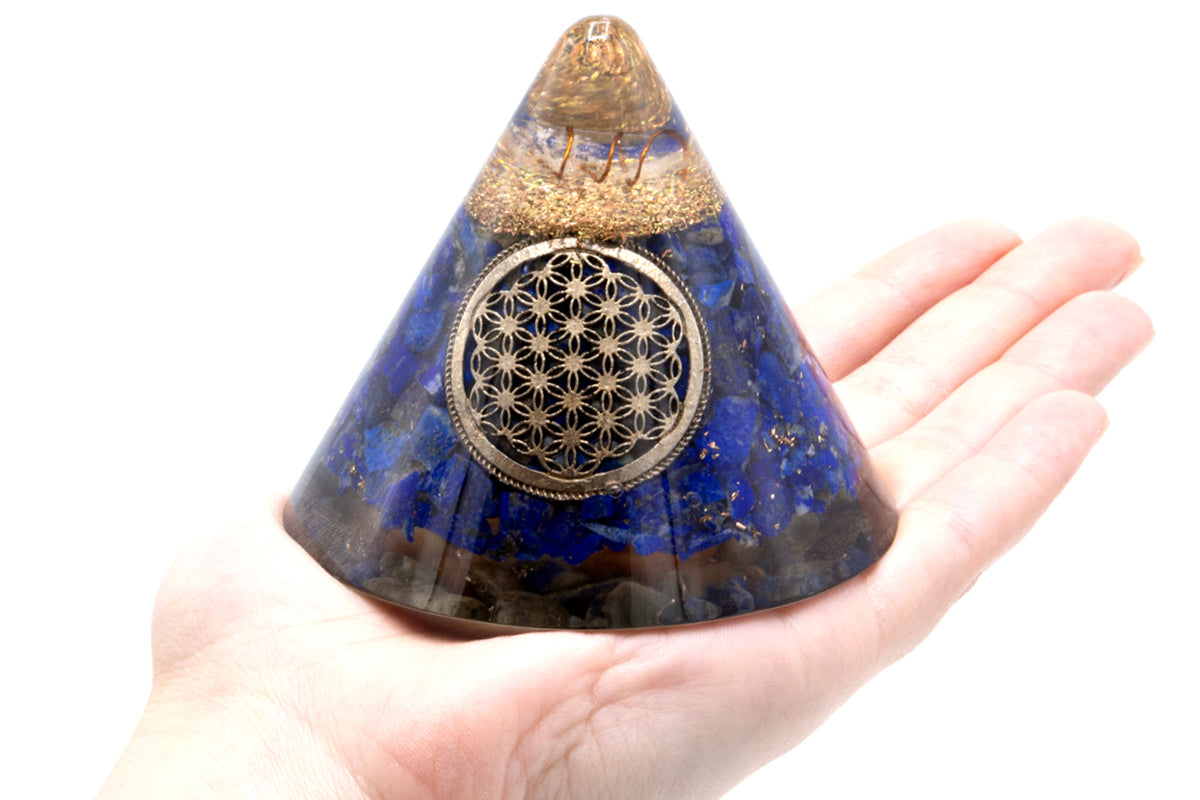 Orgonite Cone - Lapis Flower of Life - Suspended Quartz - 90 mm